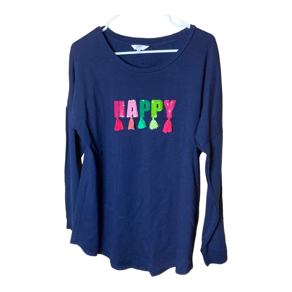Crown & Ivy Long Sleeve Tee with Happy Wording and Tassels Size Small‎ Navy